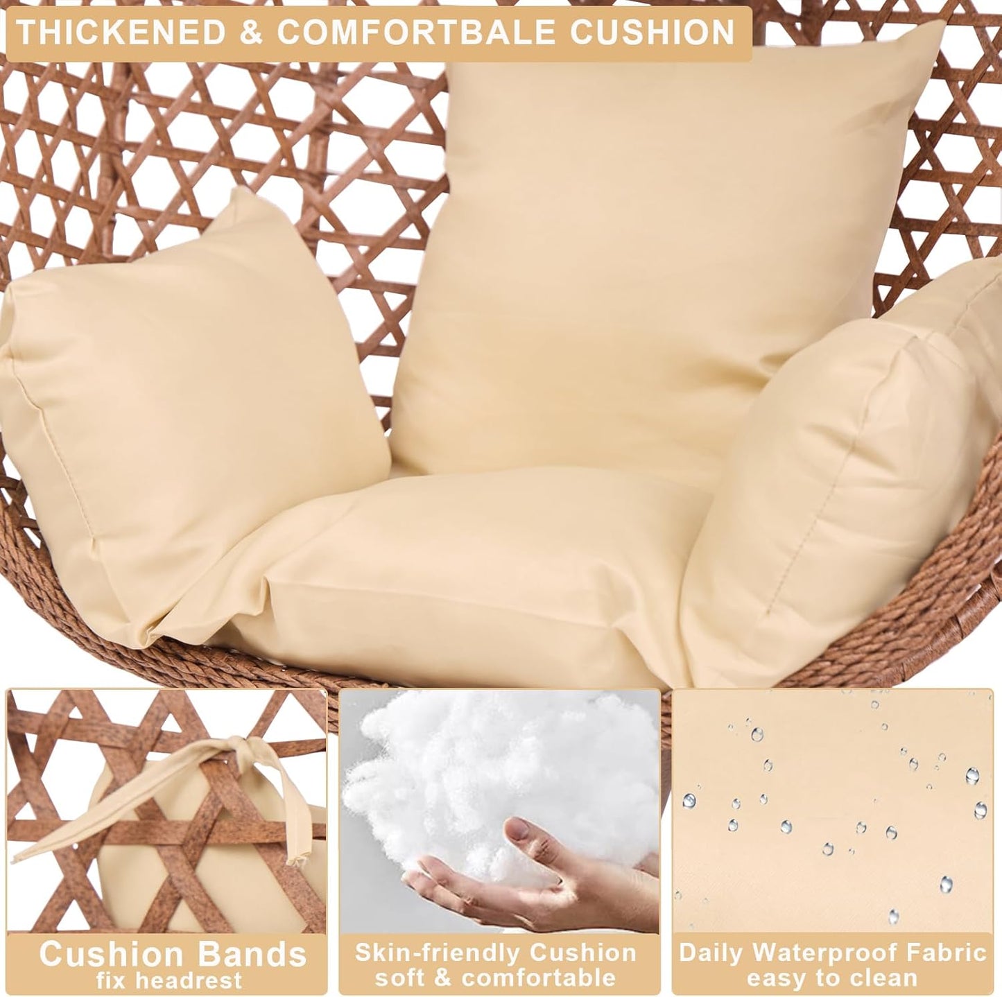 Indoor Hanging Chair with Stand for Bedroom, Hexagon Rattan Wicker Swing Egg Chair for Bedroom Porch Garden Patio Outdoor, Hammock Egg Swing Chair with Cushion,350LBS Capacity (Beige)-VerdiqueGarden