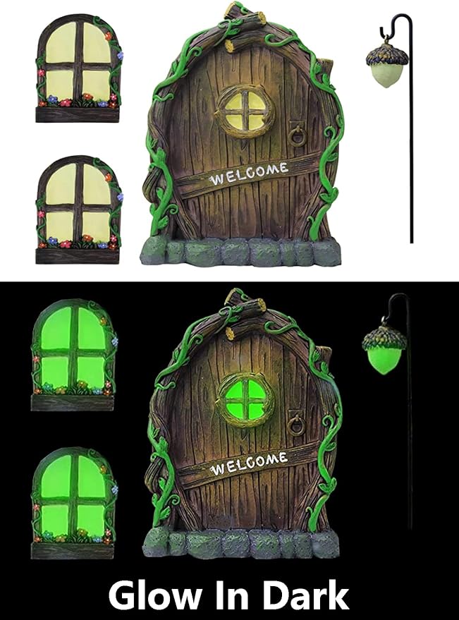 Resin Miniature Fairy Gnome Home Windows and Welcome Door with Fairy Lantern,Glow in Dark Art Sculpture for Trees Outdoor Indoor Garden Yard Wall Decorations-VerdiqueGarden