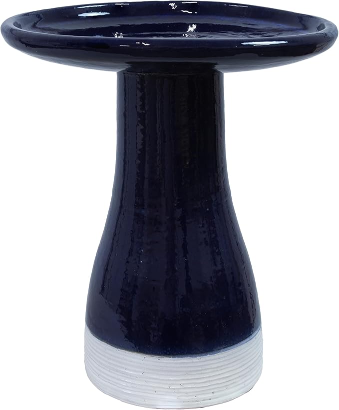 Sunnydaze 21" H Ceramic Bird Bath for Outside - Hand-Painted Outdoor Bird Bath Bowl, UV/Frost-Resistant Finish - Midnight Blue - Ribbed Pedestal-VerdiqueGarden