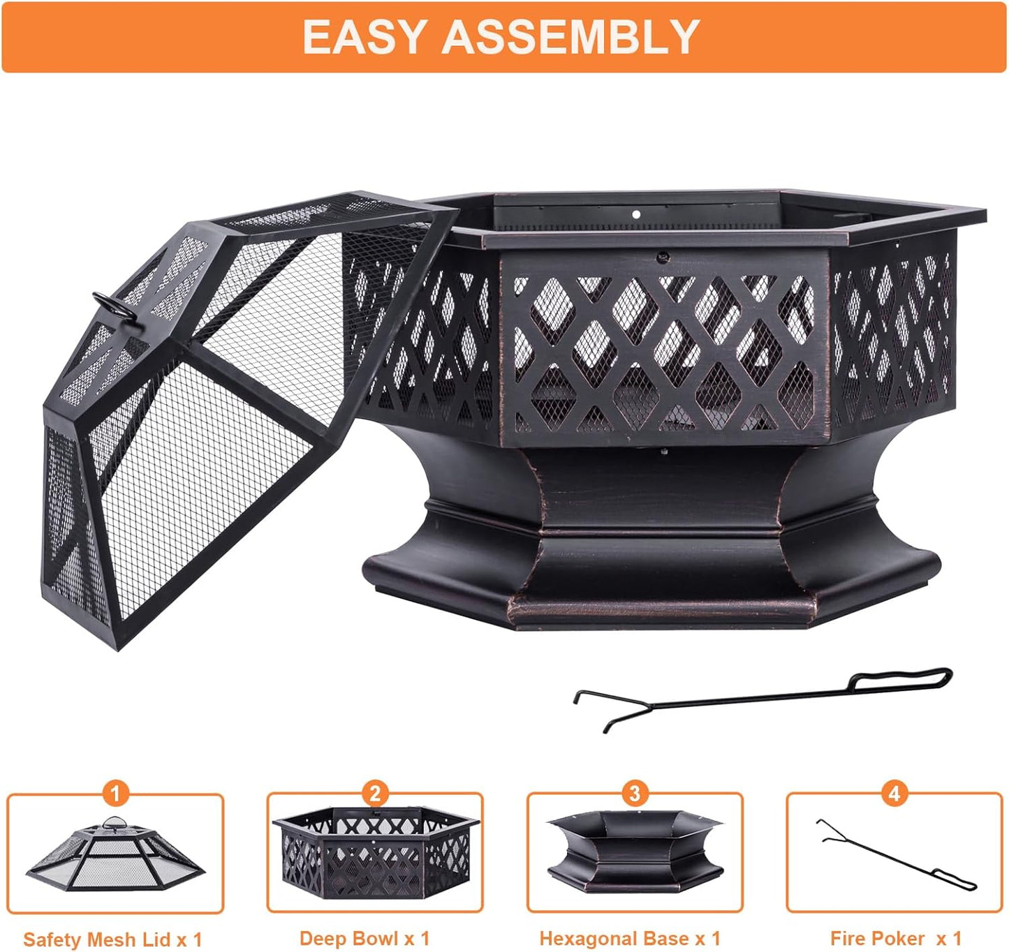 28Inch Outdoor Fire Pit, Hexagon Shaped Wood Burning Firepit for Outside Bonfire, Patio, Backyard and Camping (Antique Bronze)-VerdiqueGarden