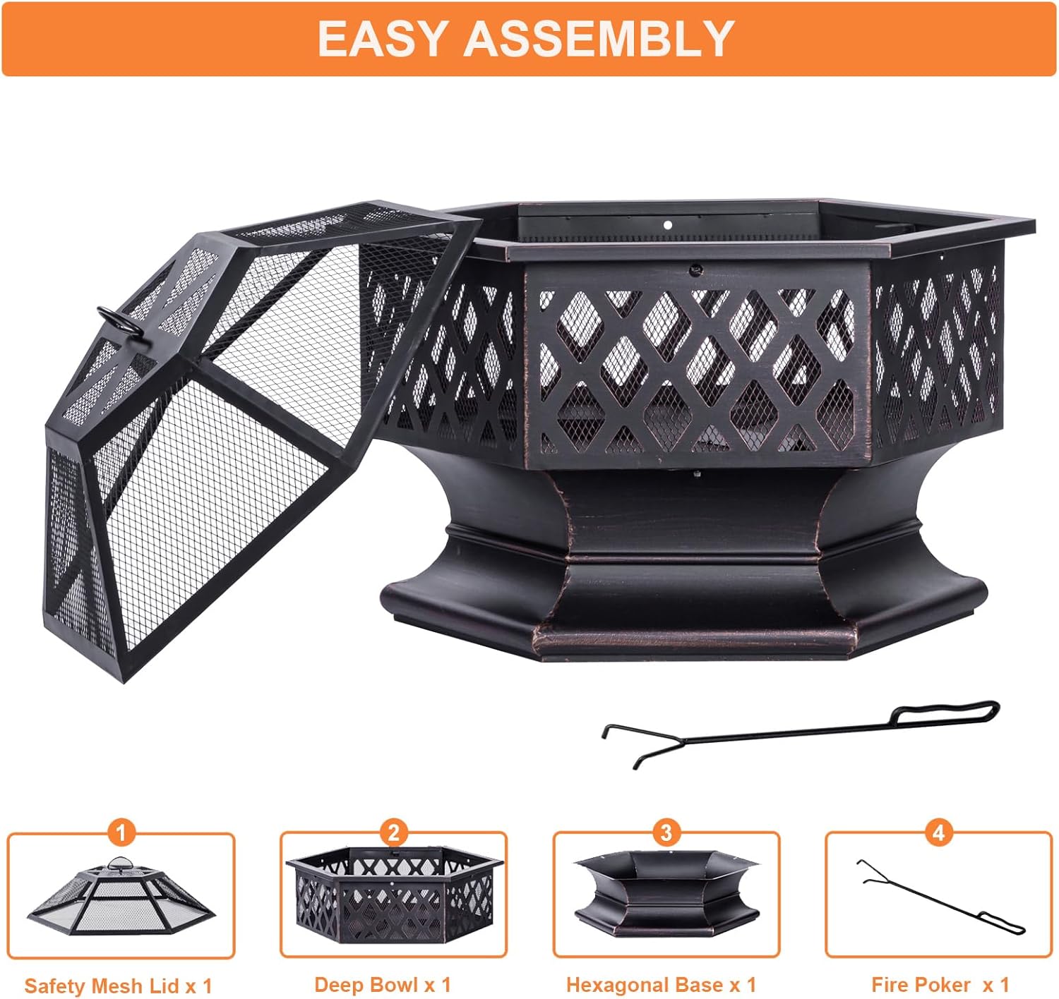 28Inch Outdoor Fire Pit, Hexagon Shaped Wood Burning Firepit for Outside Bonfire, Patio, Backyard and Camping (Antique Bronze)-VerdiqueGarden