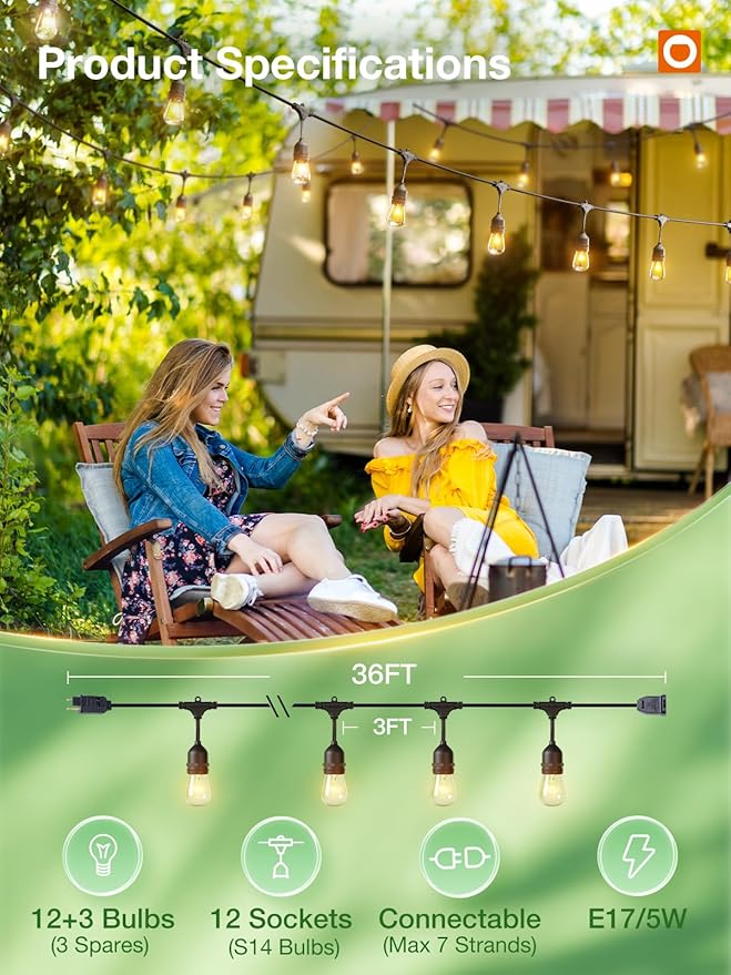 addlon 36 FT Outdoor String Lights Commercial Grade Weatherproof Strand, 15 Edison Vintage Bulbs, 12 Hanging Sockets and 3 Spare Bulbs, ETL Listed Decorative Cafe Patio Lights for Bistro Garden-VerdiqueGarden