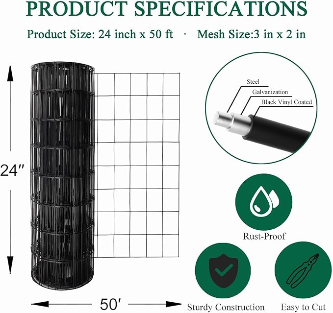 Black PVC Coated Welded Wire Fence 24 Inch x 50 Foot, 2 Inch x 3 Inch 16GA, Garden Border Fencing Roll Vinyl Coating Metal Wire Mesh for Yard Vegetable Plant Protection Poultry Netting-VerdiqueGarden
