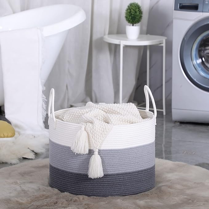 KAKAMAY Large Blanket Basket (20"x13"),Woven Baskets for storage Baby Laundry Hamper,Cotton Rope Blanket Basket for Living Room, Laundry, Nursery, Pillows, Baby Toy chest with Handles (White/Grey)-VerdiqueGarden