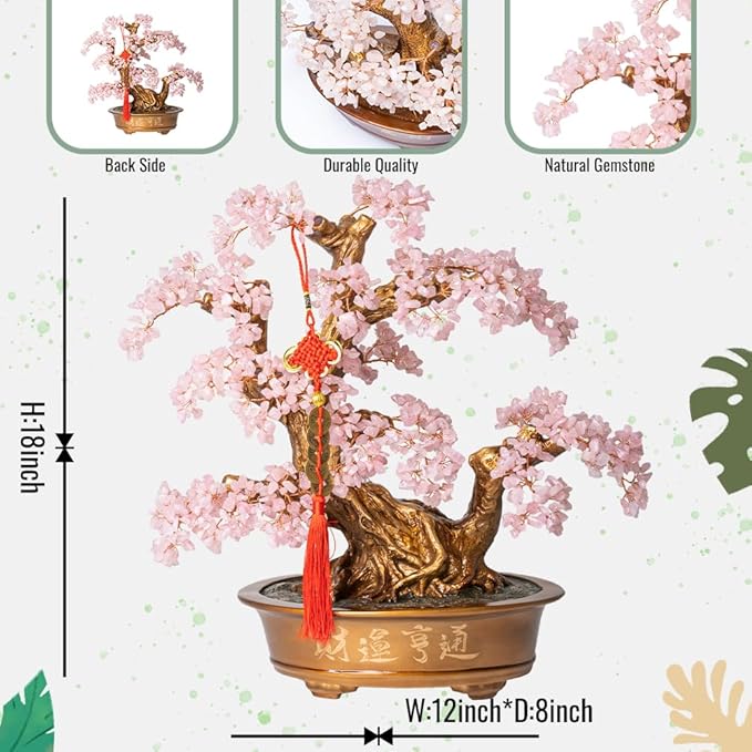 Natural Rose Quartz Gemstone Crystal Bonsai Tree of Life（1,350 Gemstone Count） Large Feng Shui Money Chakra Tree for Luck and Wealth Decoration 20 Inches-VerdiqueGarden