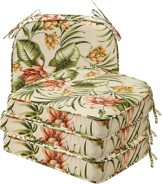Round Corner Seat Cushions, 17" x 16" x 2", Set of 4, Indoor Outdoor Water Repellent Universal Chair Pads with Ties for Patio Furniture, Garden Deck Dining Chairs, Leaf and Flower-VerdiqueGarden