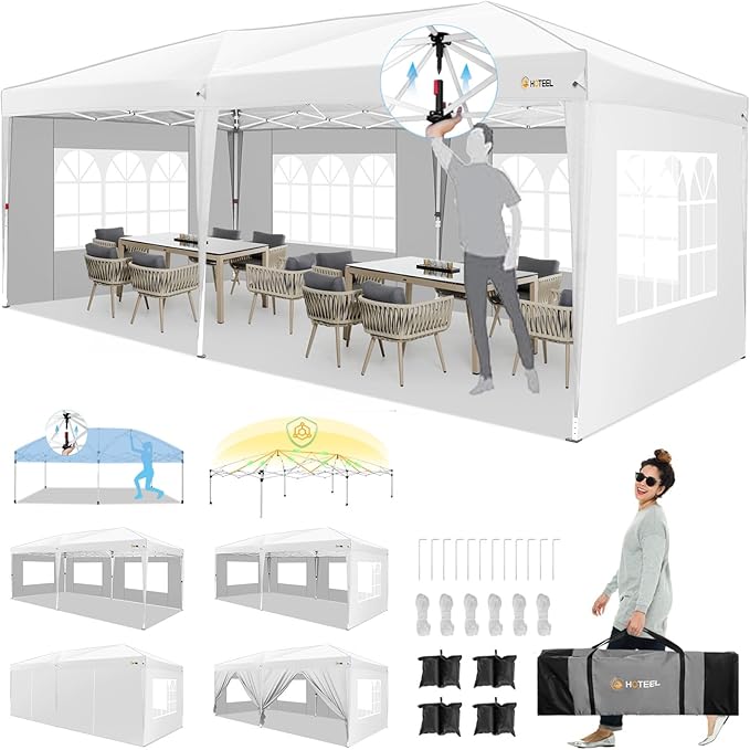 HOTEEL 10x20 Pop up Canopy with Sidewalls, One Push Outdoor Tents for Parties Waterproof Canopy Tent with Reinforce Rod, Easy Setup Event Tent with Sandbag for Backyard, Camping, Wedding, White-VerdiqueGarden