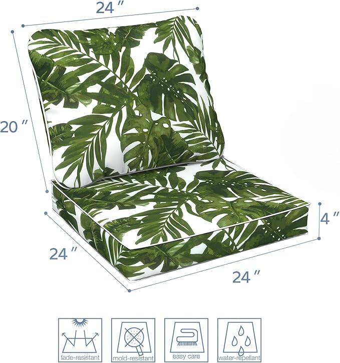 LVTXIII Outdoor/Indoor Deep Seat Cushion Patio Seat and Back Cushion Set All-Weather Replacement Chair Cushion for Chairs Sofa and Coach, 24"x24"x4", Palms Green-VerdiqueGarden