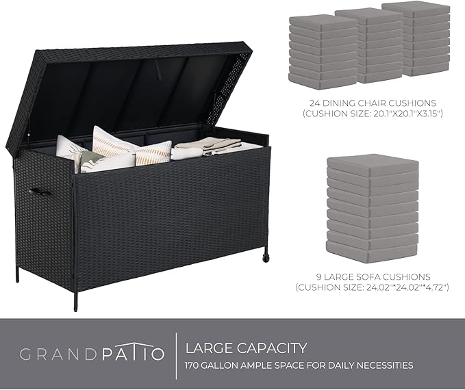 Grand patio 170 Gallon Deck Storage Box Deck Box Outdoor Storage Box Indoor Wicker Storage Bin Patio Storage Box for Patio Furniture Cushions Garden Tools Pool Accessories, Black-VerdiqueGarden