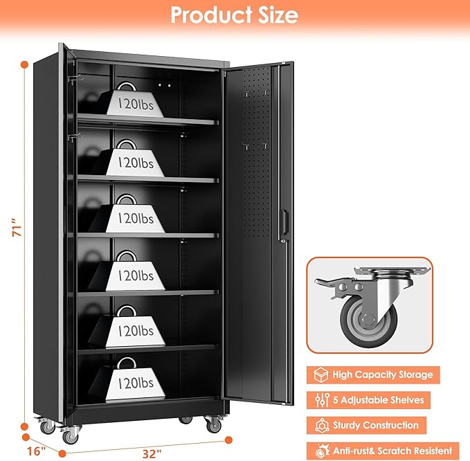 71" H×32" W×16" D Garage Storage Cabinet with Wheels, Locking Metal Storage Cabinet with 5 Adjustable Shelves, 4 Hooks and Pegboard for Garage, Home Office, Kitchen, Black, Assembly Required-VerdiqueGarden