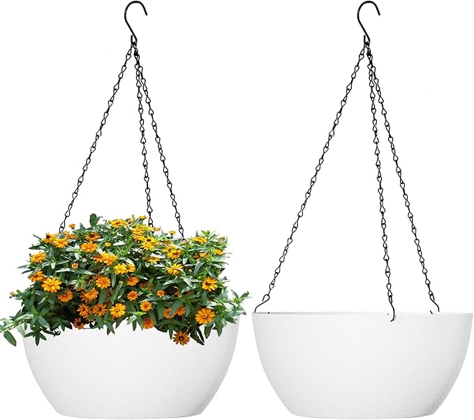 10 inch Hanging Planters for Outdoor Indoor Plants with Drainage Holes and Chain, 2 Pack Round Hanging Flower Plant Pots for Garden Home Porch Decor, White-VerdiqueGarden