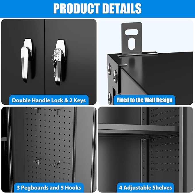 Upgraded Wide & Deep Extra Large Metal Storage Cabinet on Wheels,Lockable Garage Cabinets with 3 Pegboards,2 Tool Pouches for Garage,Office,Assembly Required,Black,43.3''W x 21.6''D x 72''H-VerdiqueGarden