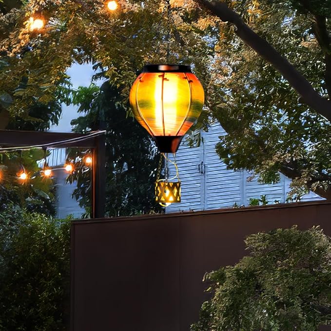 Starsoul 2 PC Solar Hot Air Balloon Lantern with Flame Multi-Color Hot Air Balloon Lantern with Candle Holder Metal & Glass Hanging Garden Light Waterproof Outdoor Lantern Decor-VerdiqueGarden