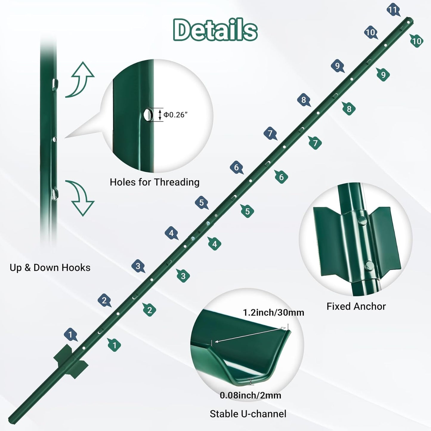 Fence Posts 6 Ft - 16 Pack, Requires Manual Assembly, Heavy Duty Metal Fence Post, No Dig U Post for Farm, Garden, Orchard and Outdoor Wire Fencing (Green)-VerdiqueGarden