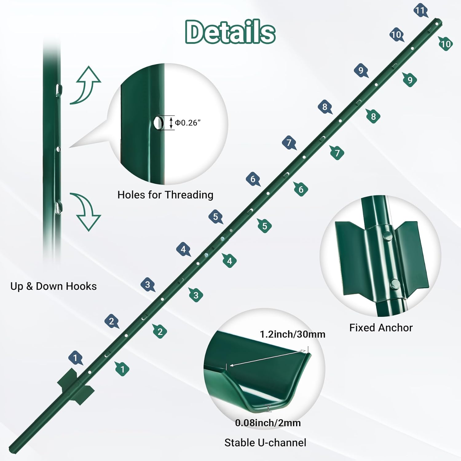 Fence Posts 6 Ft - 8 Pack, Requires Manual Assembly - Heavy Duty Metal Fence Post, No Dig U Post for Farm, Garden, Orchard and Outdoor Wire Fencing (Green)-VerdiqueGarden