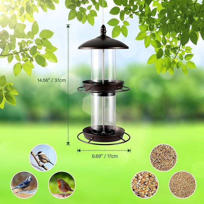 Backyard Expressions 2-Tier Bird Feeder with Sure-Lock Cap and Hanging Hook, Wild Bird Feeders - 4.5 lb Seed Capacity-VerdiqueGarden
