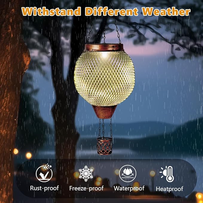 Starsoul 2 PC Cage Hot Air Balloon Solar Lantern with Flame Glass Outdoor Hanging Hot Air Balloon Solar Light Lamp Waterproof Garden Patio Yard Party Decorations-VerdiqueGarden