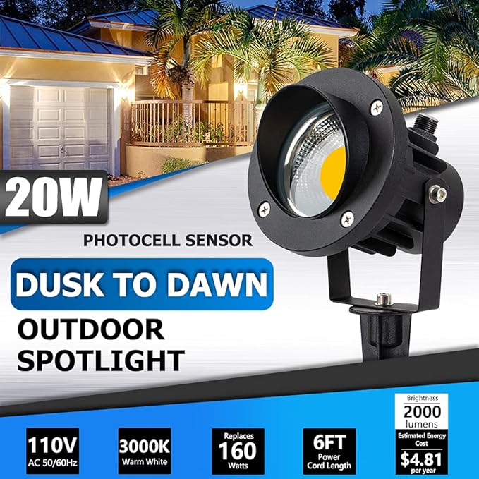 SUNVIE 20W Outdoor Landscape Spotlights 120V Waterproof Dusk to Dawn Spot Lights Outdoor 3000K LED Spotlight with Photocell Sensor Landscape Lighting for Yard Flag Tree Garden Decor 6 FT US 3-Plug in-VerdiqueGarden