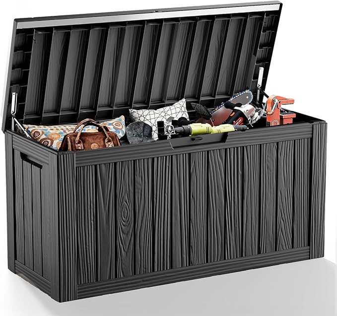 80 Gallon UV Resistant Outdoor Storage Box Waterproof, Lockable Resin Deck Box for Garden Tools, Sports Equipment and Cushions, Black-VerdiqueGarden