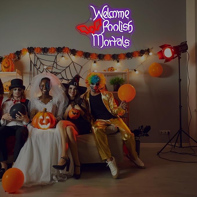 Welcome Foolish Mortals Neon Sign Halloween LED Neon Signs for Wall Decor Halloween Neon Light USB Light Up Sign for Halloween Decor Halloween Party Decoration,Door,Windows,Bar,Man Cave-VerdiqueGarden