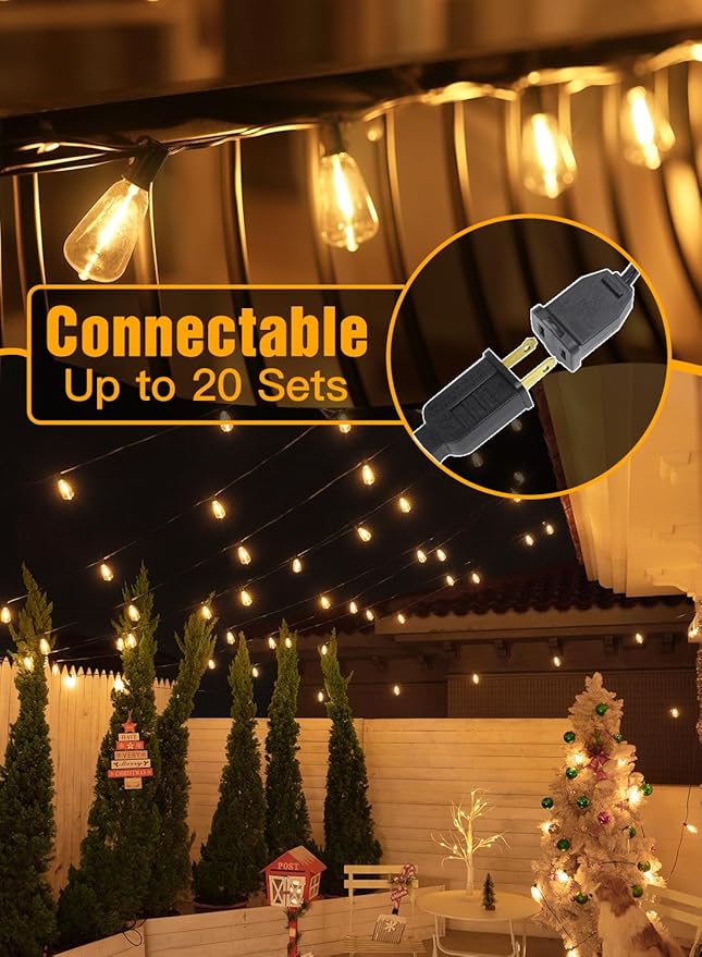 Ollny 50FT Outdoor String Lights, Shatterproof Connectable Patio Lights with 25+2 Spare ST38 Vintage Bulbs, 2200K Warm White Waterproof Outside Hanging Light for Camping Yard Gazebo Porch Balcony-VerdiqueGarden