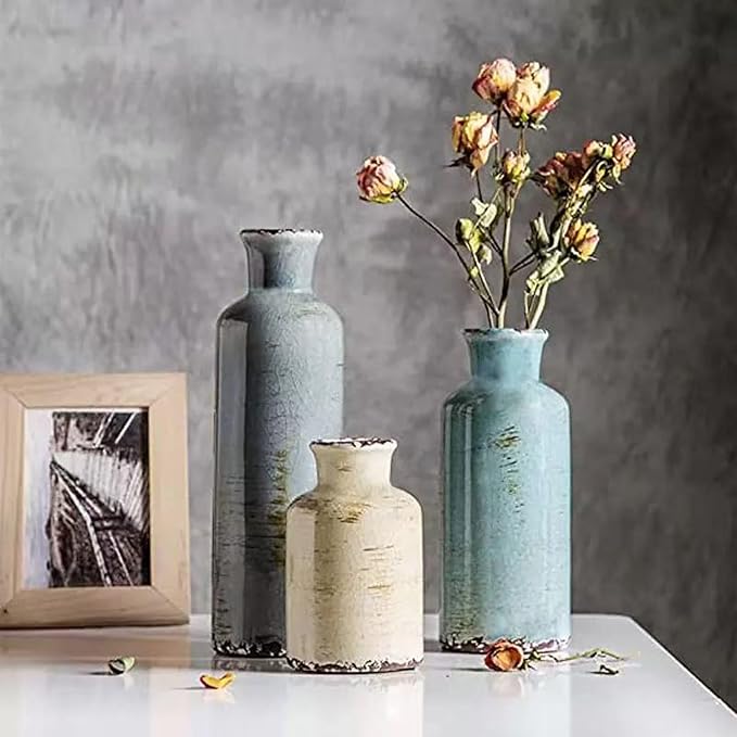 Ceramic Vase Set of 3,Small Rustic Vintage Decorative Vase for Home Decor,Modern Farmhouse Vases for Living Room,Table Shelf,Centerpieces,Fireplace and Entrance Decorative-Multicolor-VerdiqueGarden