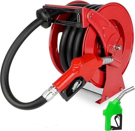 Fuel Hose Reel with Fueling Nozzle, 1" x 33FT Retractable Diesel Hose Reel, 300 PSI Industrial Heavy Duty Auto Swivel Rewind Hose Holder Reels, for Vehicle Tank Truck Trailer Ship-VerdiqueGarden