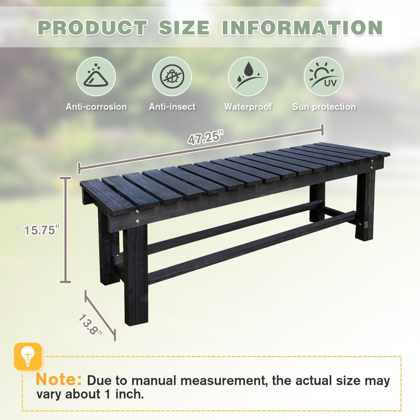 Outdoor Garden Bench, 3-Person Wood Patio Bench Weatherproof Outdoor Backless Bench, Anti-Corrosion and Anti-Rust Garden Benches for Garden Lawn Porch Park Backyard (Black,47.25''/120cm)-VerdiqueGarden