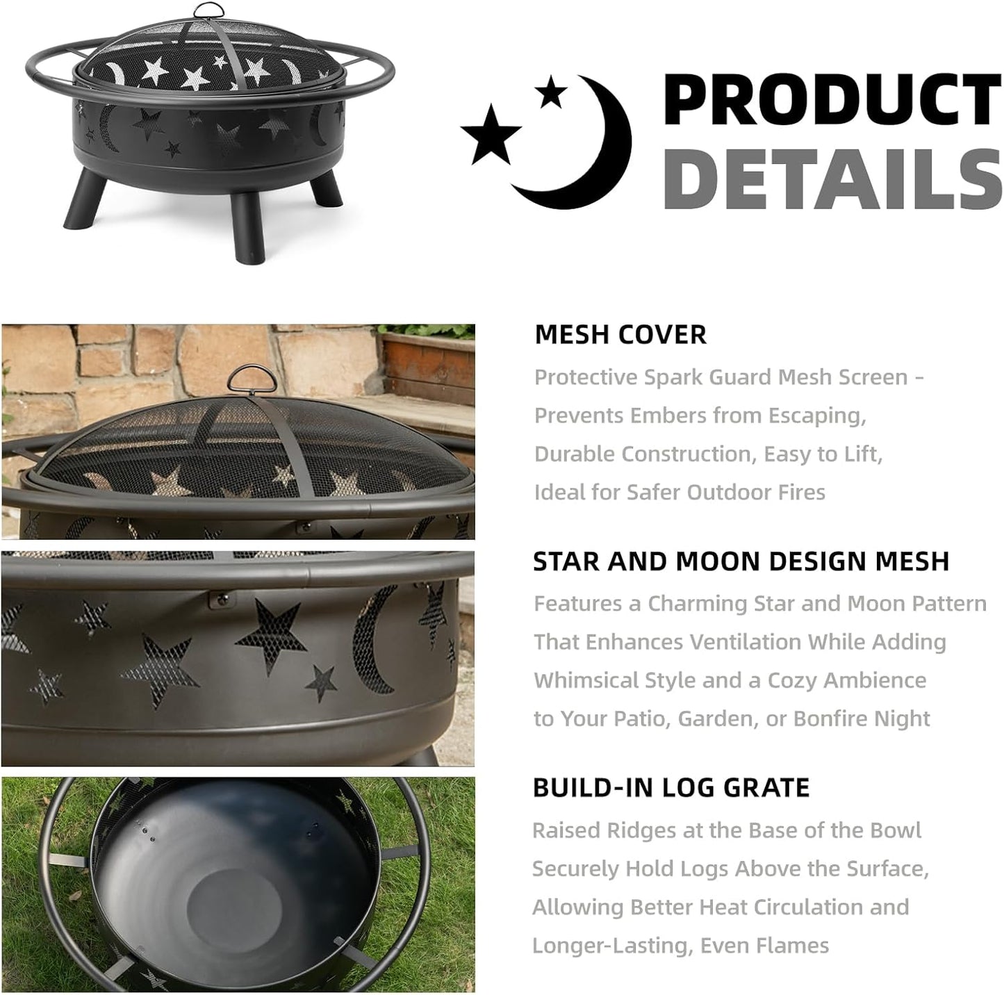 32" Round Wood Burning Fire Pit with Mesh Cover, Fire Poker, Star & Moon Cutouts, Metal Outdoor Firepit for Patio, Backyard, Garden, Bonfire, Camping, Christmas, Thanksgiving, Halloween-VerdiqueGarden