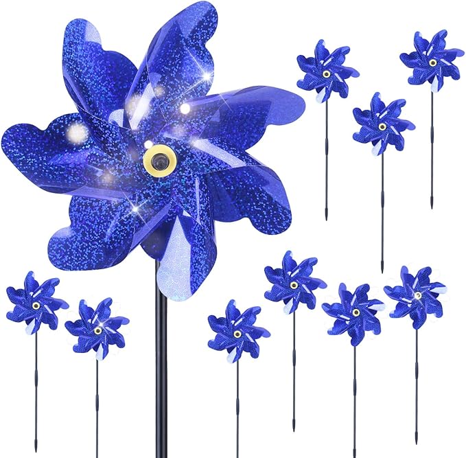 BATTIFE 10 Packs Blue Pinwheels for Yard and Garden, Sparkly Reflective Pinwheel for Scare Birds Away, Wind Spinner Deterrent Outdoor-VerdiqueGarden