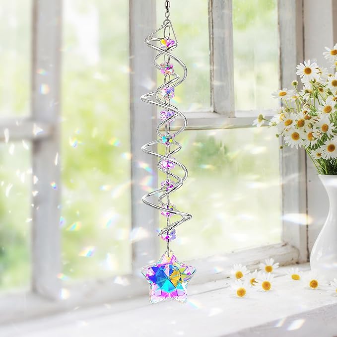 H&D HYALINE & DORA 21inch Crystal Suncatcher for Window Hanging Double-Spiral Design Gazing Ball Spiral Tail Wind Spinners Sun Catchers Rainbow Maker Indoor Outdoor Christmas Decoration-VerdiqueGarden
