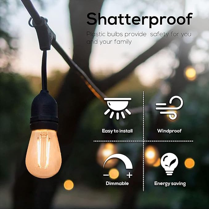 Banord Outdoor String Lights Vintage LED Filament Bulb, Shatterproof E26 Screw Base Edison LED Light Bulbs for Indoor & Outdoor Use 100 Pack-VerdiqueGarden