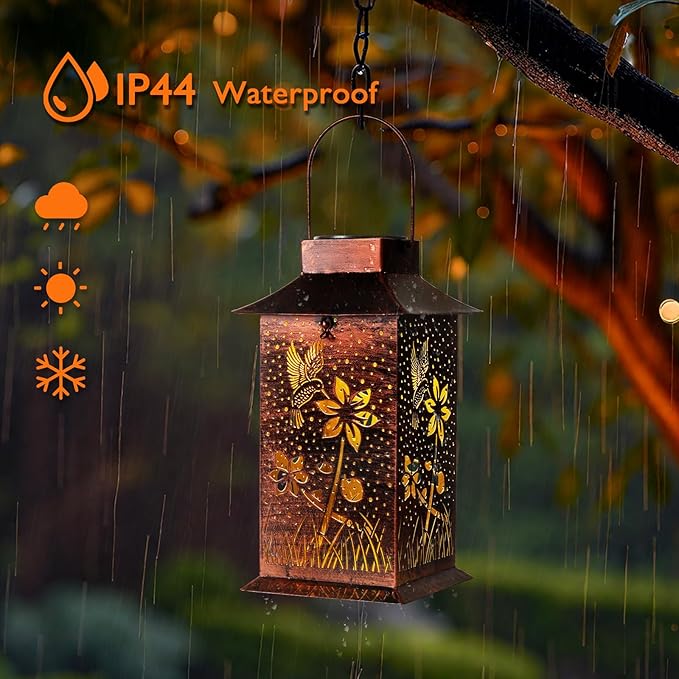 Homemory Hummingbird Solar Lanterns Waterproof, Metal Hanging Hollowed-Out Metal Decor Lantern, LED Outdoor Decoration for Outside LED Lanternse for Yard, Backyard, Porch, Lawn-VerdiqueGarden