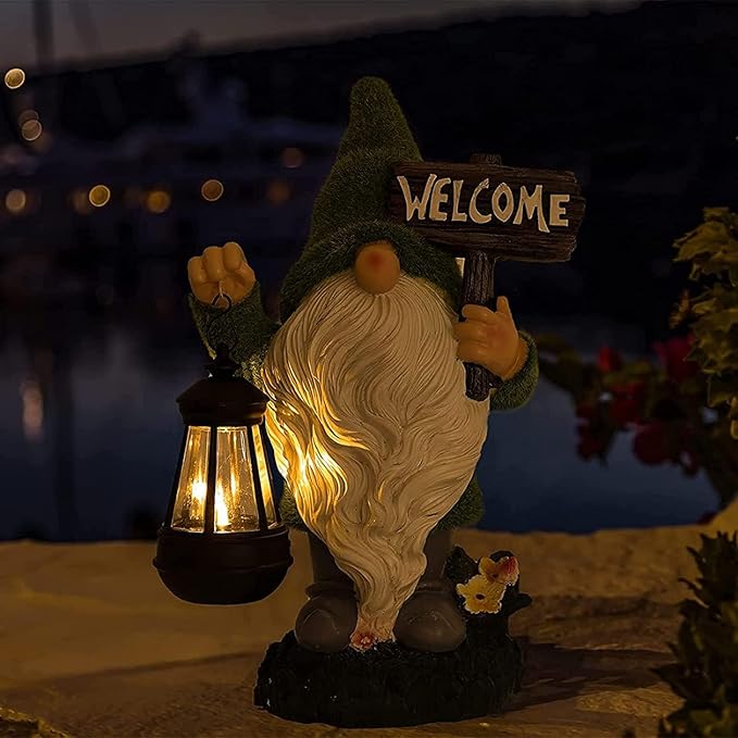 Garden Gnome Statue Outdoor Decor Large Flocked Resin Gnome Figurine with Solar Light Holding Lantern Welcome Sign Garden Yard Decorations Dwarf Sculpture for Outside Patio Porch Lawn Decor.-VerdiqueGarden