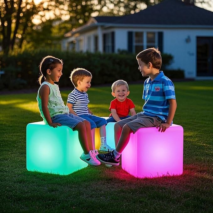 Mr.Go 14-Inch Color Changing LED Cube Light Stool, Glow Cube Seat for Kids, Modern LED Light Side Table, 16 RGB Colors LED Mood Lighting, Ideal for Home Garden Patio Bar Pool Party Decorative Lighting-VerdiqueGarden