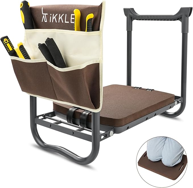 ikkle Garden Kneeler and Seat Gardening Stool Kneeler Folding Gardening Bench with Thicker Detachable Kneeling Pad and Tool Store Pouches (Brown)-VerdiqueGarden