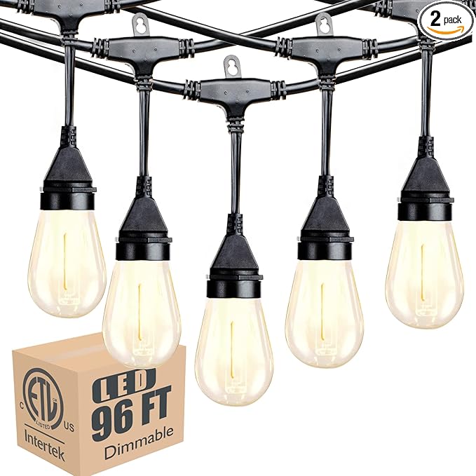 Lightdot 96FT (2x48FT) Outdoor Led Patio Lights,Led String Lights with Shatterproof Edison Vitage Bulbs, Commercial Grade Hanging Light for Patio Cafe Bistro Backyard-VerdiqueGarden