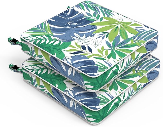 LVTXIII Patio Chair Cushions 22"x22"x3", Water-Repellent Outdoor Seat Cushions for Patio Furniture, Square Chair Pads with Ties for Home Garden Decoration, Set of 2, Islamorada Blue Green-VerdiqueGarden