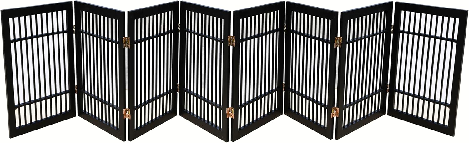 Pet Dog Gate Strong and Durable Freestanding Folding Acacia Hardwood Portable Wooden Fence Indoors or Outdoors by Urnporium (Black Pet Gate, 8 Panel 24" Tall)-VerdiqueGarden
