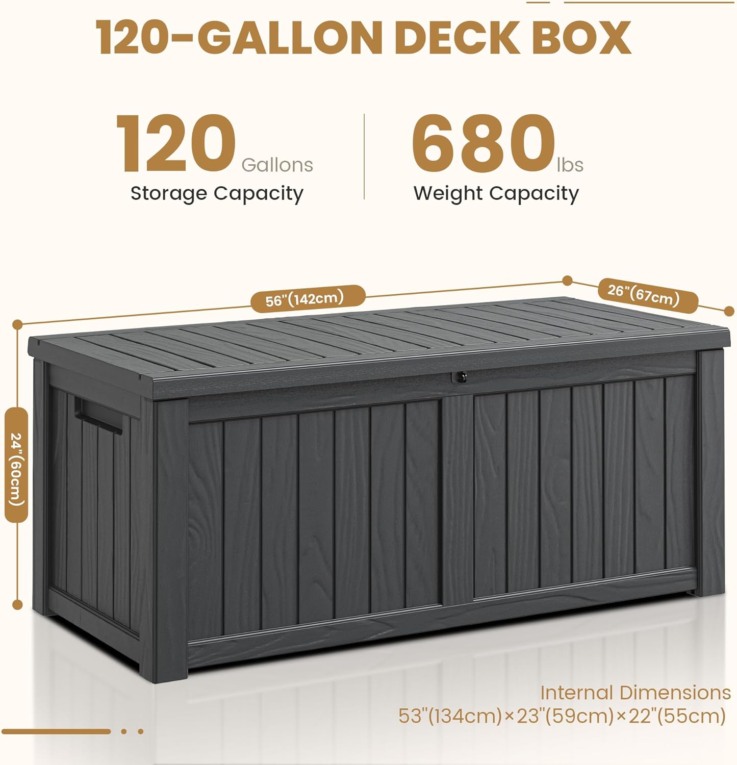 Deck Box, 120 Gallon Outdoor Storage Box Lockable Patio Waterproof for Furniture, Garden Tools, Sports Equipment and Pool Supplies, Waterproof, Resin, Lockable-VerdiqueGarden