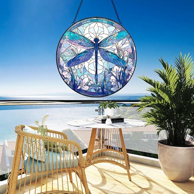 Dragonfly Decor Suncatcher Stained Glass Window Hanging - Handmade Artistic Suncatchers for Windows Hanging - Wall Home Decor Suncatcher with Metal Chain and Hook Gift for Women Mom Home Porch Garden-VerdiqueGarden