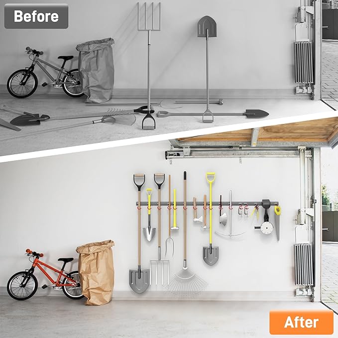 TORACK Metal Wall-Mounted Garden Tool Organizer for Garage, Mop and Broom Holder, Yard Tool Storage Rack for Rakes, Shovels, Mops, Brooms (4 Rails, 16 Hooks)-VerdiqueGarden