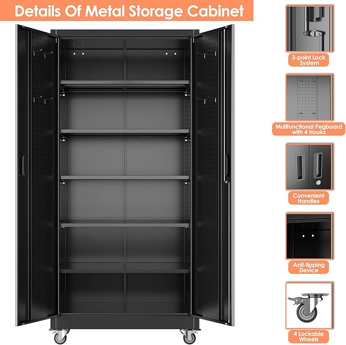 71" H×32" W×16" D Garage Storage Cabinet with Wheels, Locking Metal Storage Cabinet with 5 Adjustable Shelves, 4 Hooks and Pegboard for Garage, Home Office, Kitchen, Black, Assembly Required-VerdiqueGarden