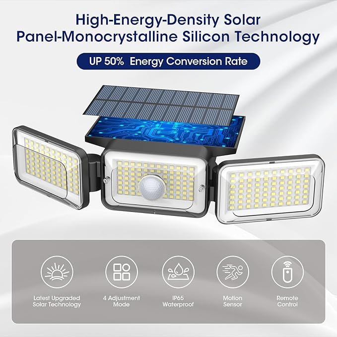 Solar Lights Outdoor Waterproof, Motion Sensor & Flood Outdoor Lights with Remote Control, 4 Adjustable Modes, 3000LM & 218 LED, High-Energy-Density Solar Panel-Monocrystalline Technology, 4 Pack-VerdiqueGarden