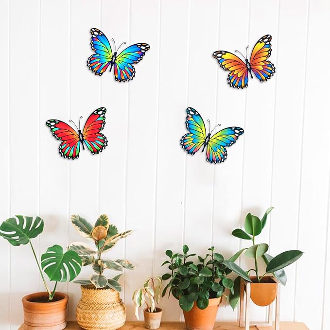 Oraytteo Metal Butterfly Outdoor Wall Decor - 4 Pack 9.8in Metal Butterflies Fence Art Decoration, Indoor Outdoor Patio Backyard Garden Decorations, Gift for Mom Dad Friends-VerdiqueGarden