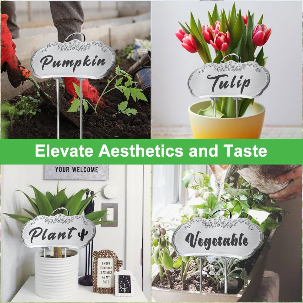 Metal Plant Labels,Tall Outdoor Garden Markers for Flower, Fruit and Vegetable, 304 Stainless Steel Weatherproof Signs (25 Packs, 4" x 1.9", Silver)-VerdiqueGarden