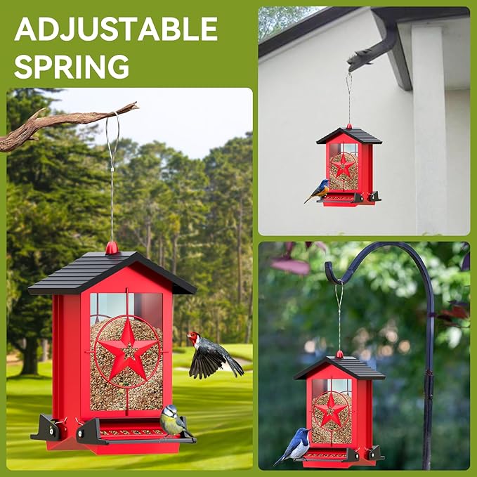 Squirrel Proof Bird Feeder for Outdoors Hanging, Metal Wild Bird Seed Feeder with Bilateral Weight-Activated Perches, 5LB Large Capacity Wild Bird Feeders for Outside Finch, Cardinal, Blue Jay-VerdiqueGarden