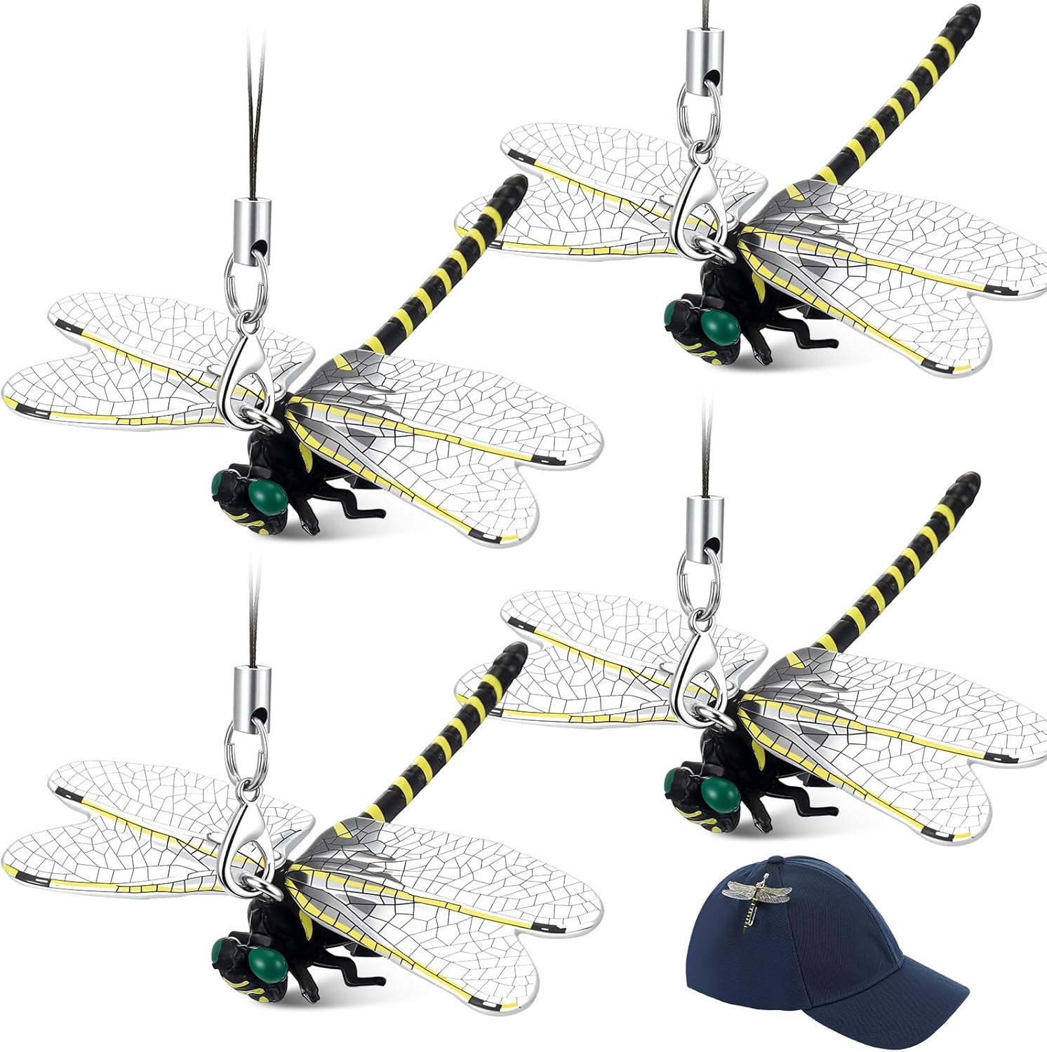 Qualirey 4pcs Dragonfly Hat Clip 2.2inch Realistic Dragonfly Clip with Hook Attach to Backpack Hat Keychain for Indoor Yard Garden Plant Decor-VerdiqueGarden