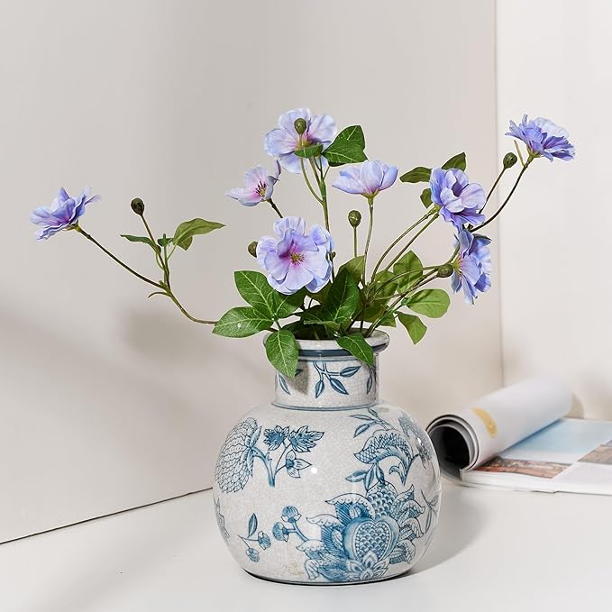 SIDUCAL Blue and White Vintage Vase | 6 Inch Ceramic Chinoiserie Floral | Retro Ice Cracked Blue and White Porcelain Vase for Table, Living Room, Bathroom Decoration, Wedding, Shelf Decor, Mantel-VerdiqueGarden