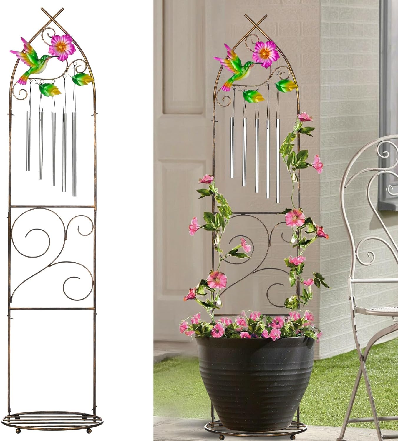 Garden Trellis with Plant Stands, 48” Metal Detachable Hummingbird Plant Pot Trellis with Wind Chimes for Climbing Plants Outdoor Lawn Patio Porches Decor-VerdiqueGarden